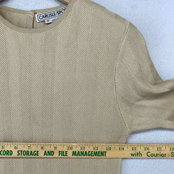 CARLISLE SPORT Sweater M Silk Herringbone Round Neck Short Sleeve Beige HK VTG - Picture 8 of 11